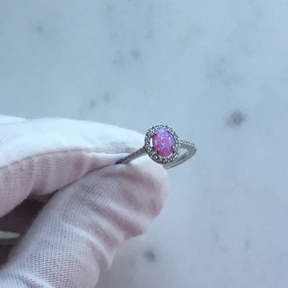 Sterling Pink Lab Opal and Clear CZ Oval Halo Ring - Picture 11 of 16